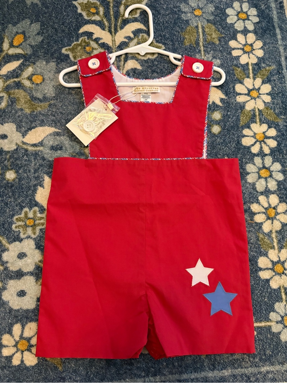 The Beaufort Bonnet Company Red Shortall Romper with Star Appliqués